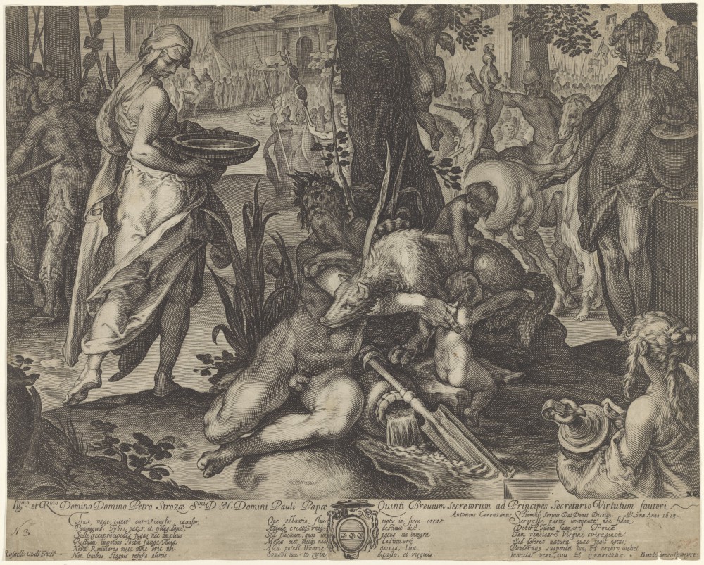 Vestaalse maagd draagt water in een vergiet om haar onschuld te bewijzen door Raffaello Guidi (1585-1615)