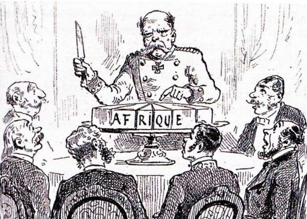 Bondskanselier Otto Von Bismarck, tijdens de conferentie van Berlijn in 1885, die Afrika als een taart verdeelt onder de Europese mogendheden