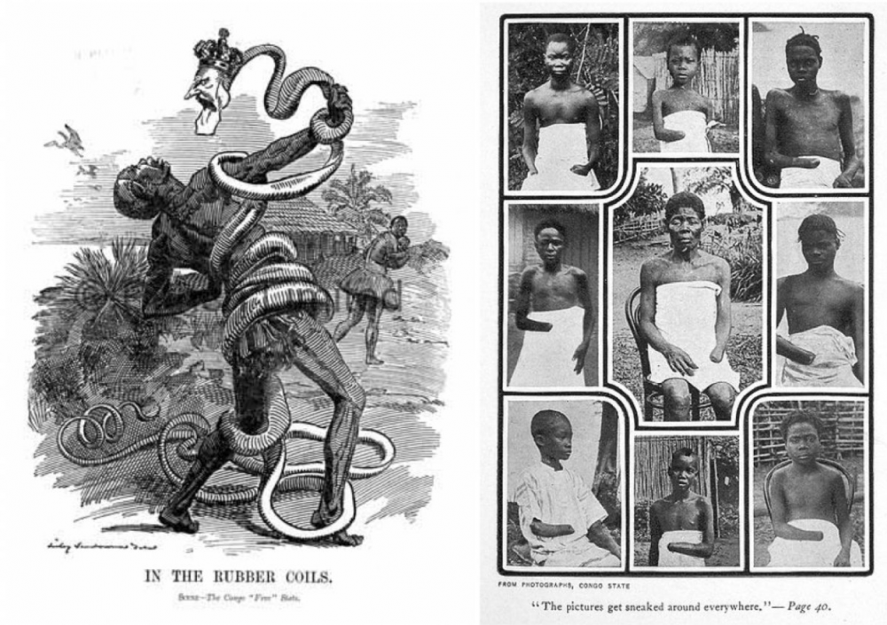 Een politieke spotprent uit 1906 waarin koning Leopold II van België wordt afgebeeld als een slang die een Congolese rubberverzamelaar verstrikt (links). Foto’s gemaakt door de Britse missionaris Alice Seeley Harris in 1904 ter ondersteuning van de campagne tegen het misbruik van de rubberplantages in het Congo van Leopold II. ©️Mark Twain, King Leopold’s Soliloquy, 1905